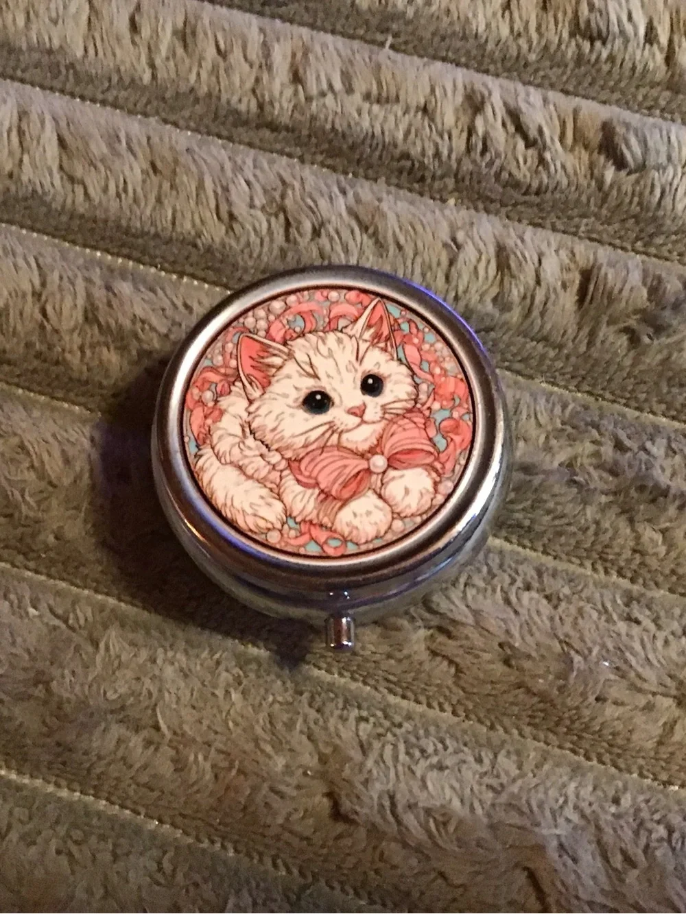 Cute Cat Pill Box with Pink Floral Art